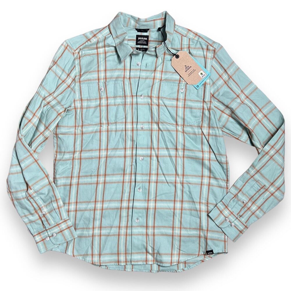 prAna Shirt Mens‎ S SL Blue Creek Dolberg Flannel Plaid Organic Cotton Button Up